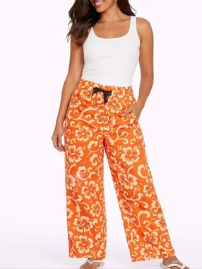 Modrobes Orange Hawaiian Floral Pants Wide Leg Retro Y2K Lounge Beach Vacation